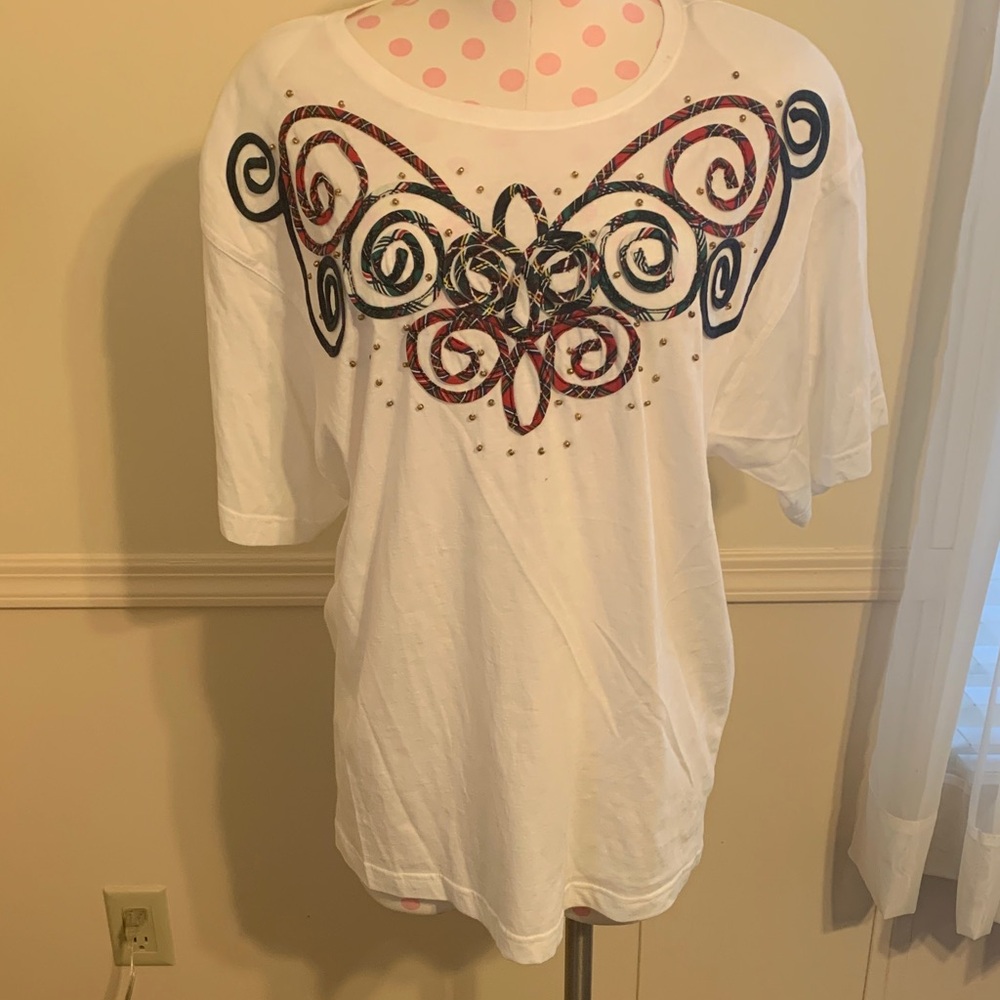 Carole Little White Tee W/Tartan plaid Swirl Design NEW Size Large Rare Beauty